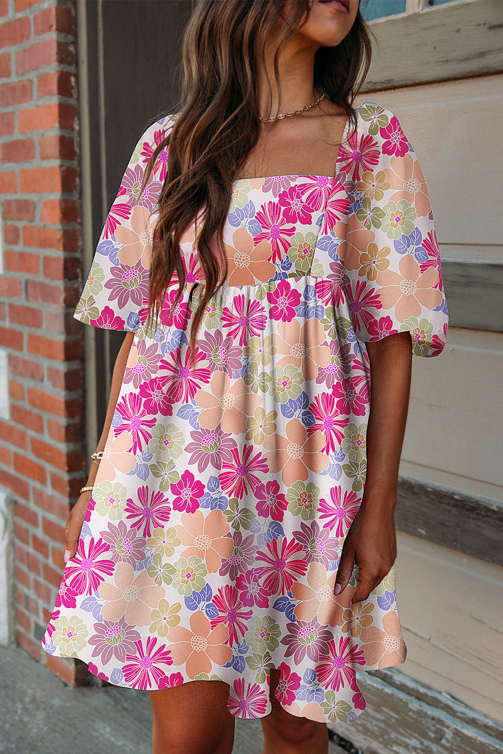 Summer Floral Square Neck Puff Sleeve Babydoll Dress