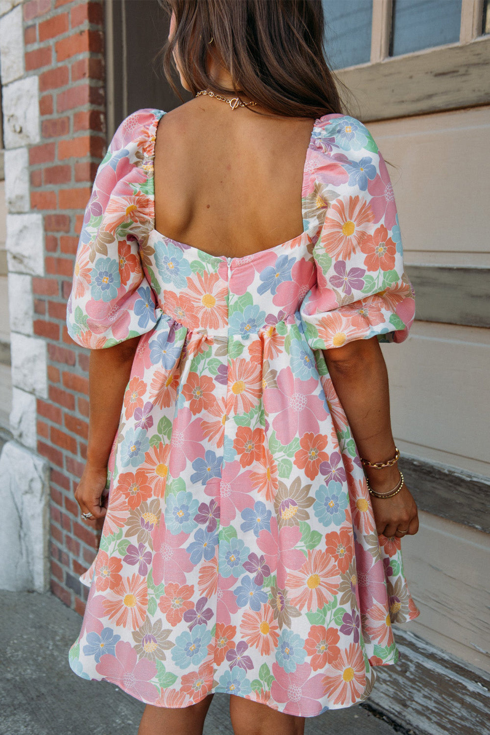 Summer Floral Square Neck Puff Sleeve Babydoll Dress