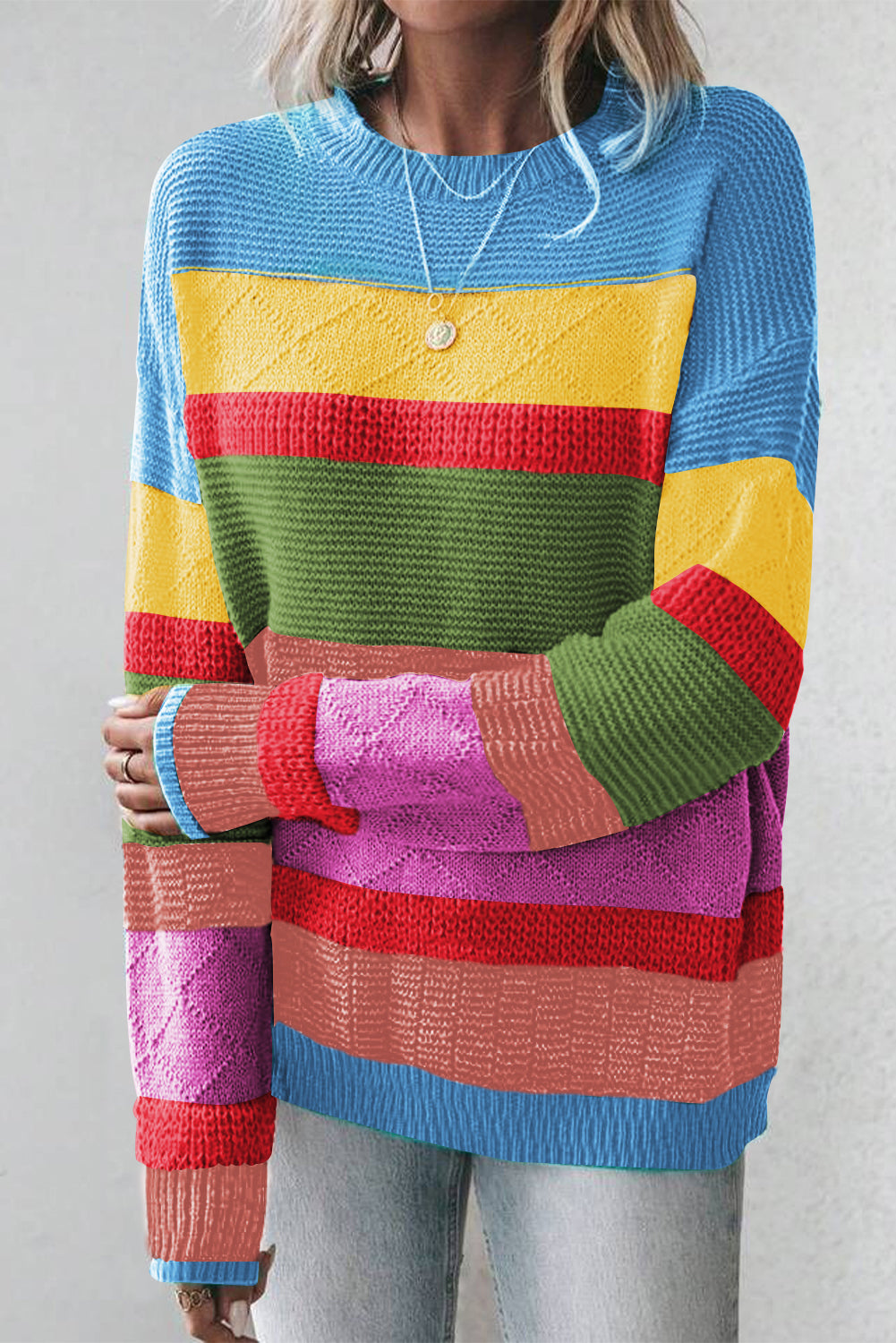 Colorblock Mixed Textured Drop Shoulder Sweater