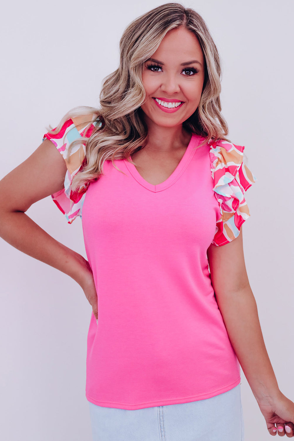 Pink V-Neck Printed Ruffle Sleeve Patchwork T-shirt