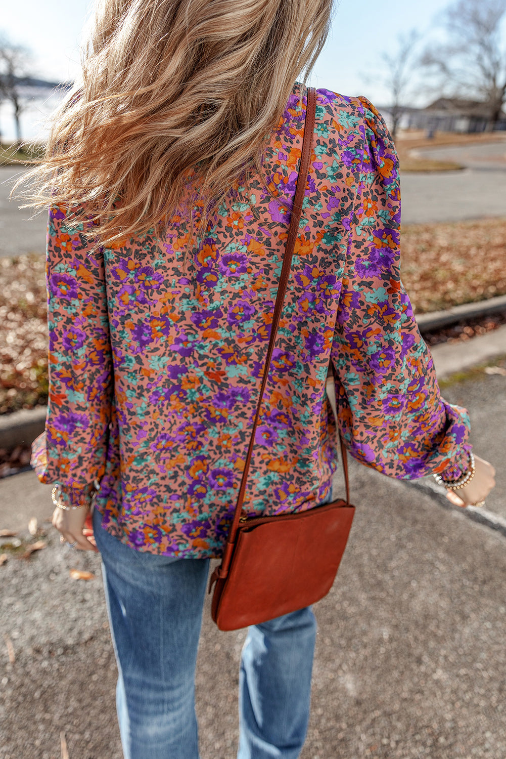 Purple Floral Cuff Frilled Neck Blouse