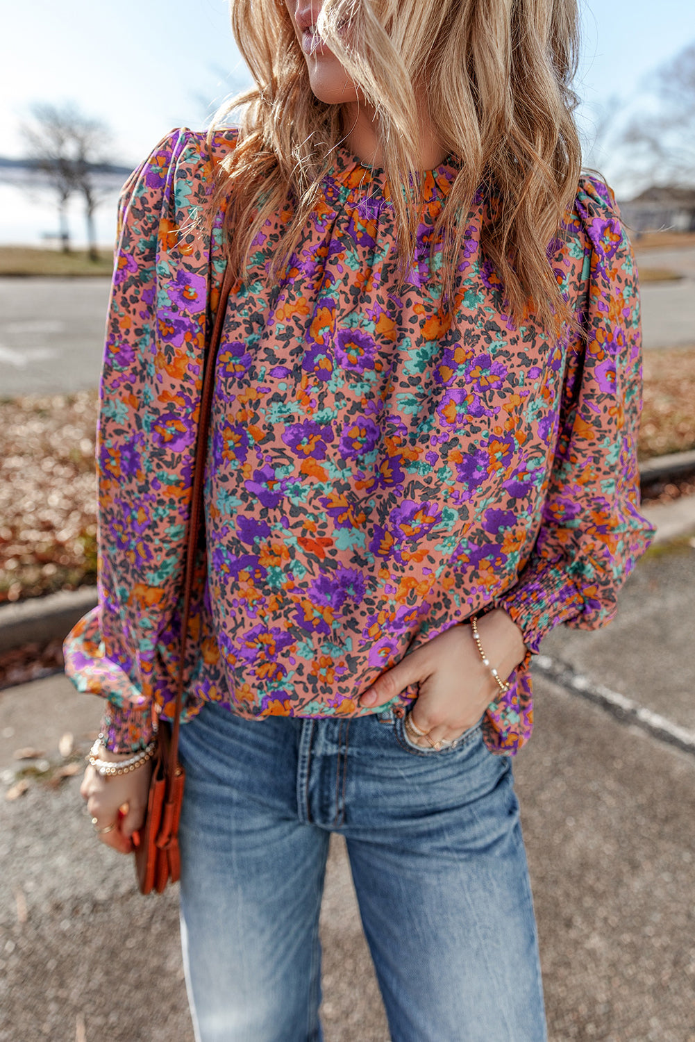 Purple Floral Cuff Frilled Neck Blouse