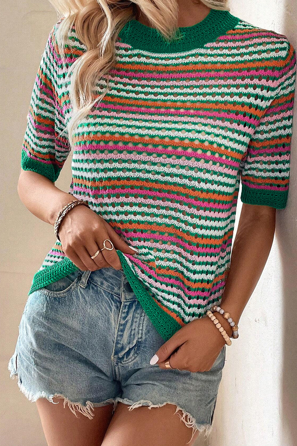 Striped Trim Pointelle Knit T Shirt