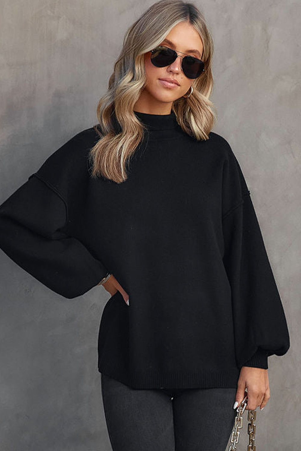 Turtleneck Drop Shoulder Bubble Sleeve Knit Sweater