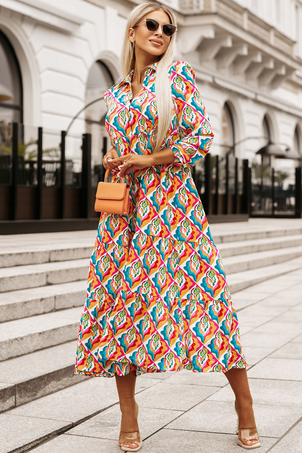 Geometric Print Long Sleeve High Waist Dress