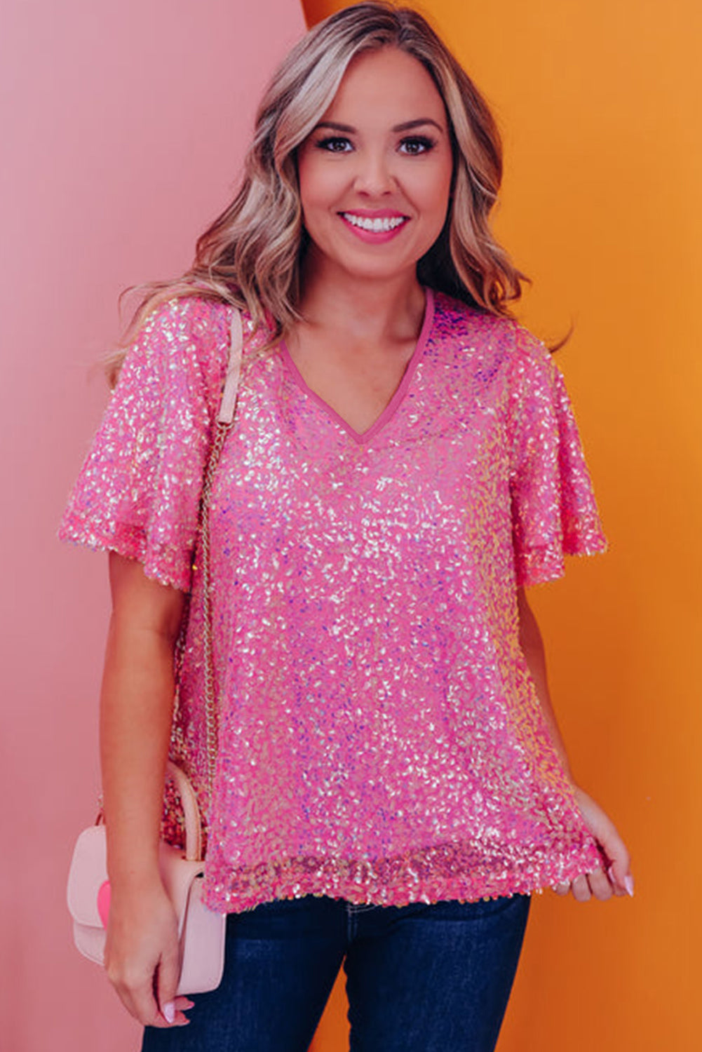 Pink V-Neck Wide Sleeve Sequin Top