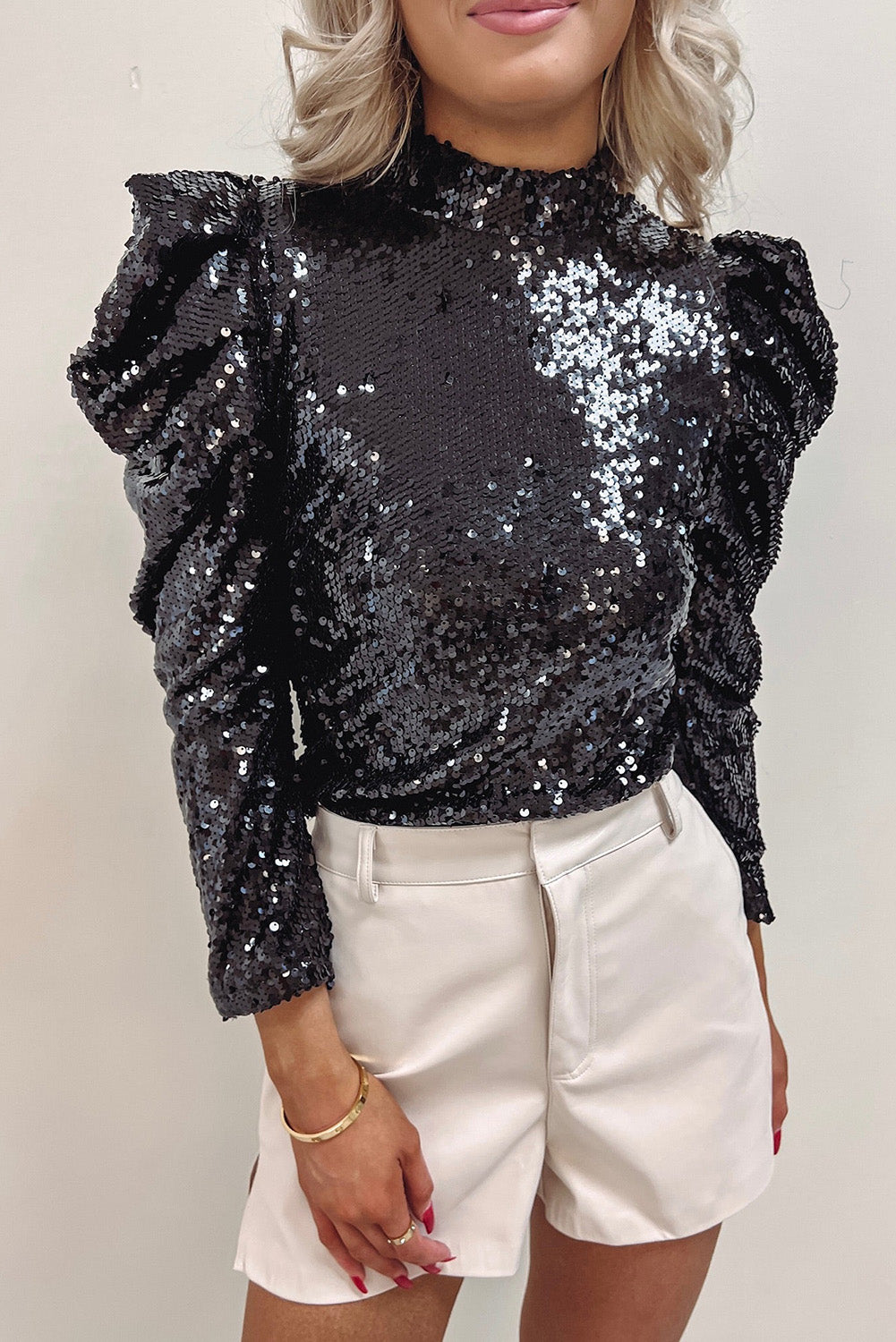 Sequin Mock Neck Bubble Sleeve Top