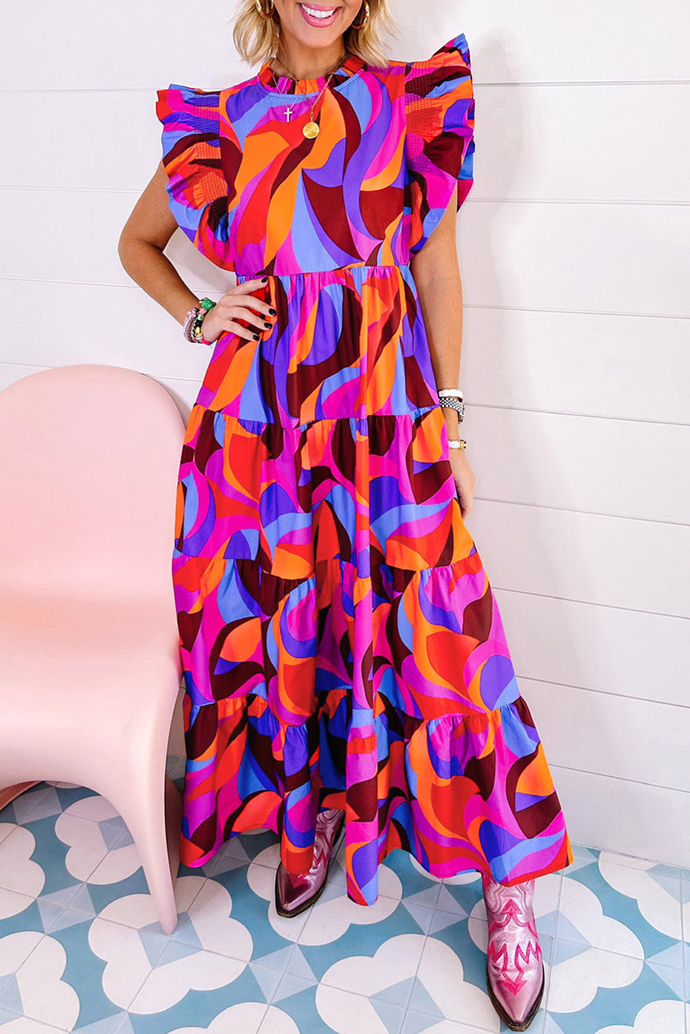 Abstract Printed High Waist Ruffle Tiered Long Dress