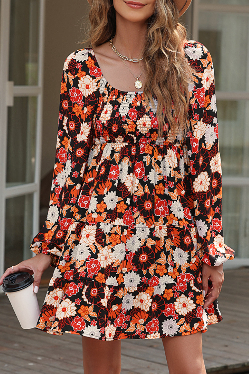 Smocked High Waist Long Sleeve Floral Dress