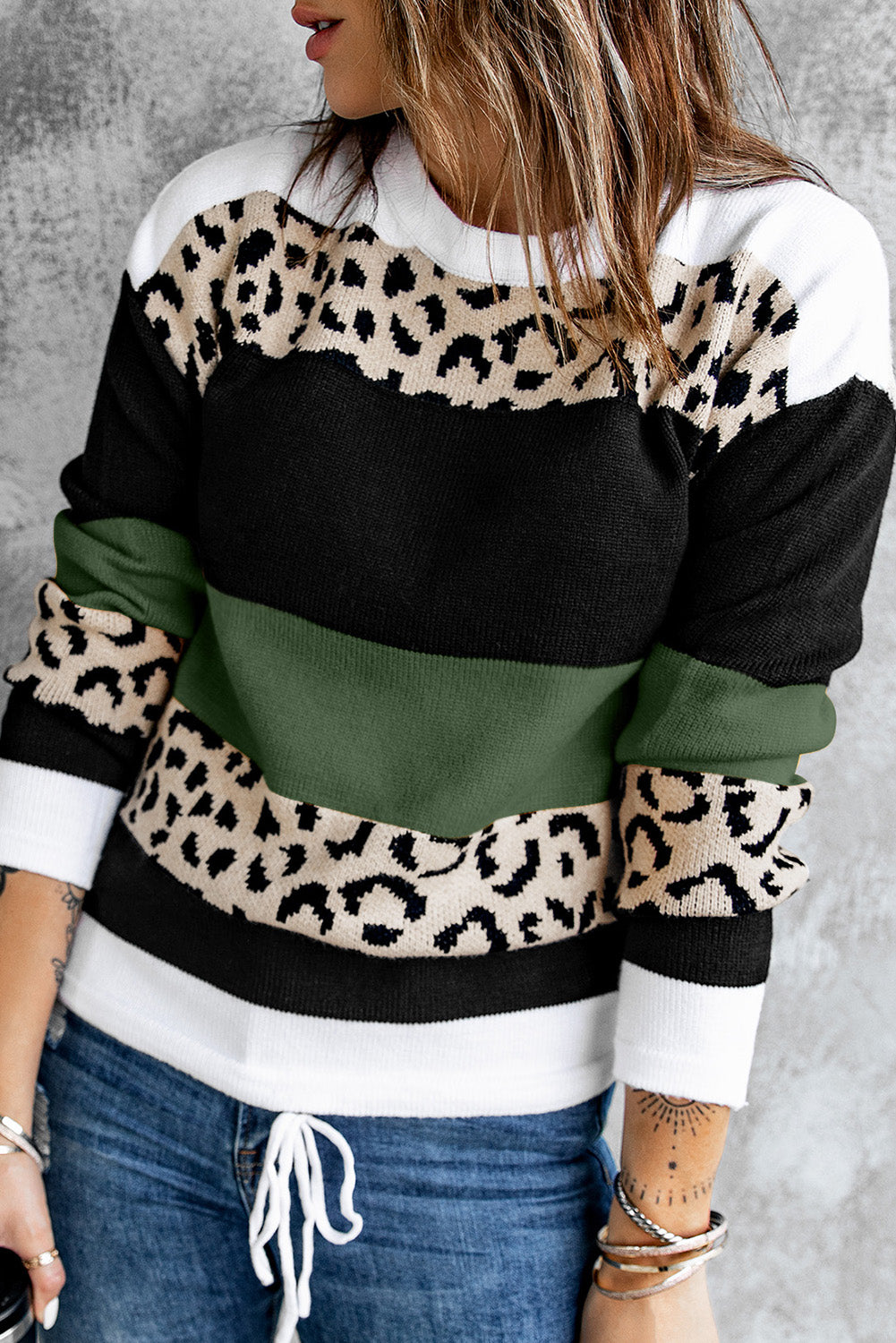 Leopard Color Block Knit Pullover Sweater