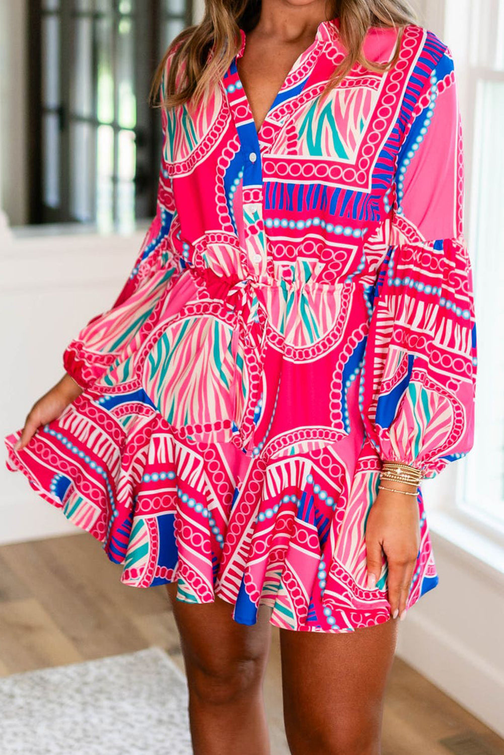 Boho Abstract Drawstring Waist Ruffled Mini Dress