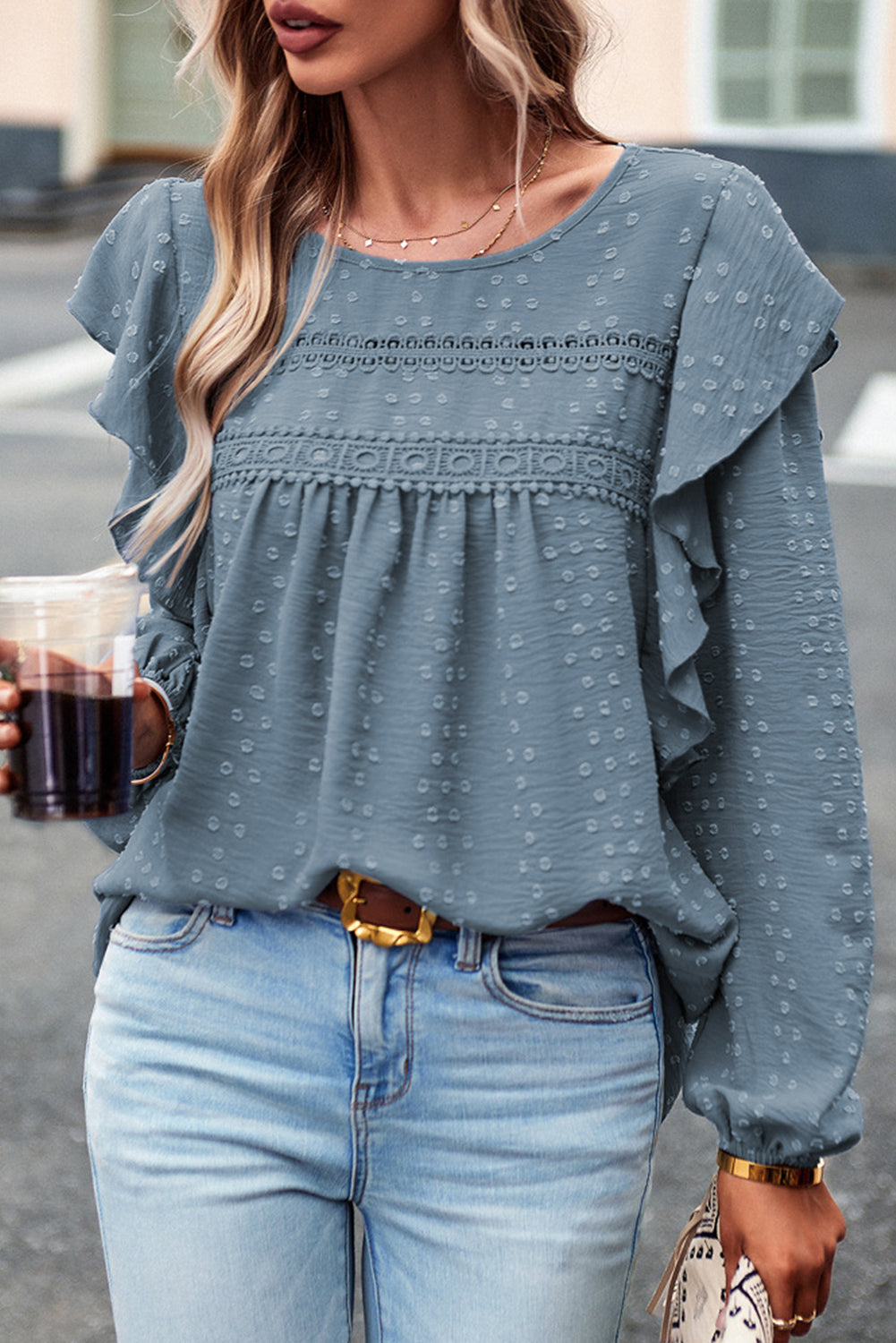 Lace Eyelet Ruffle Long Sleeve Blouse