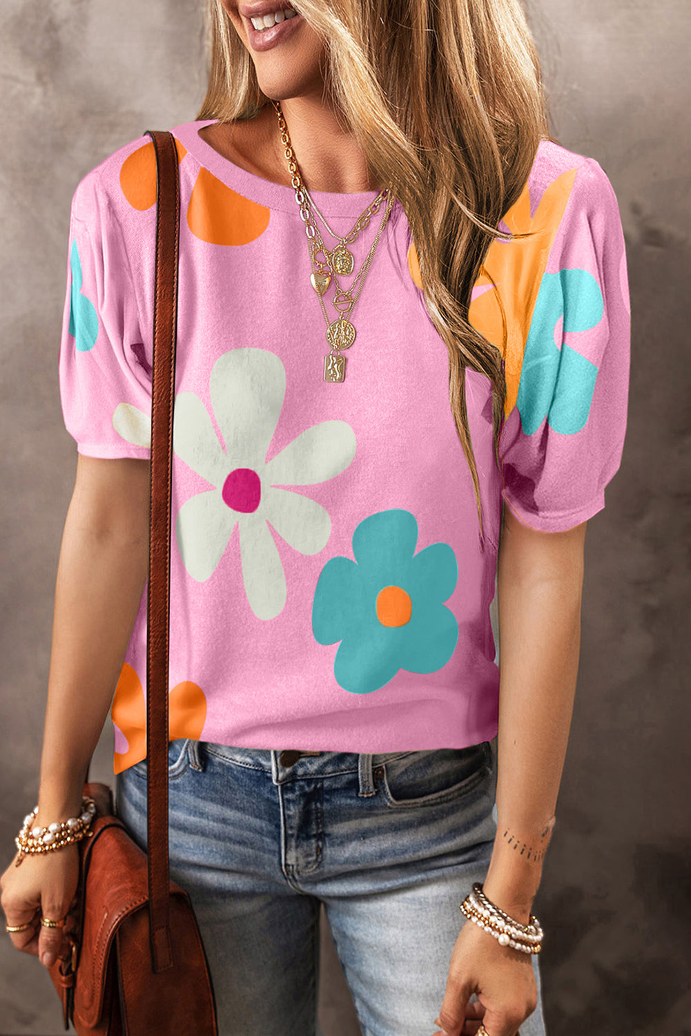 Pink Flower Print Bubble Sleeve Tee