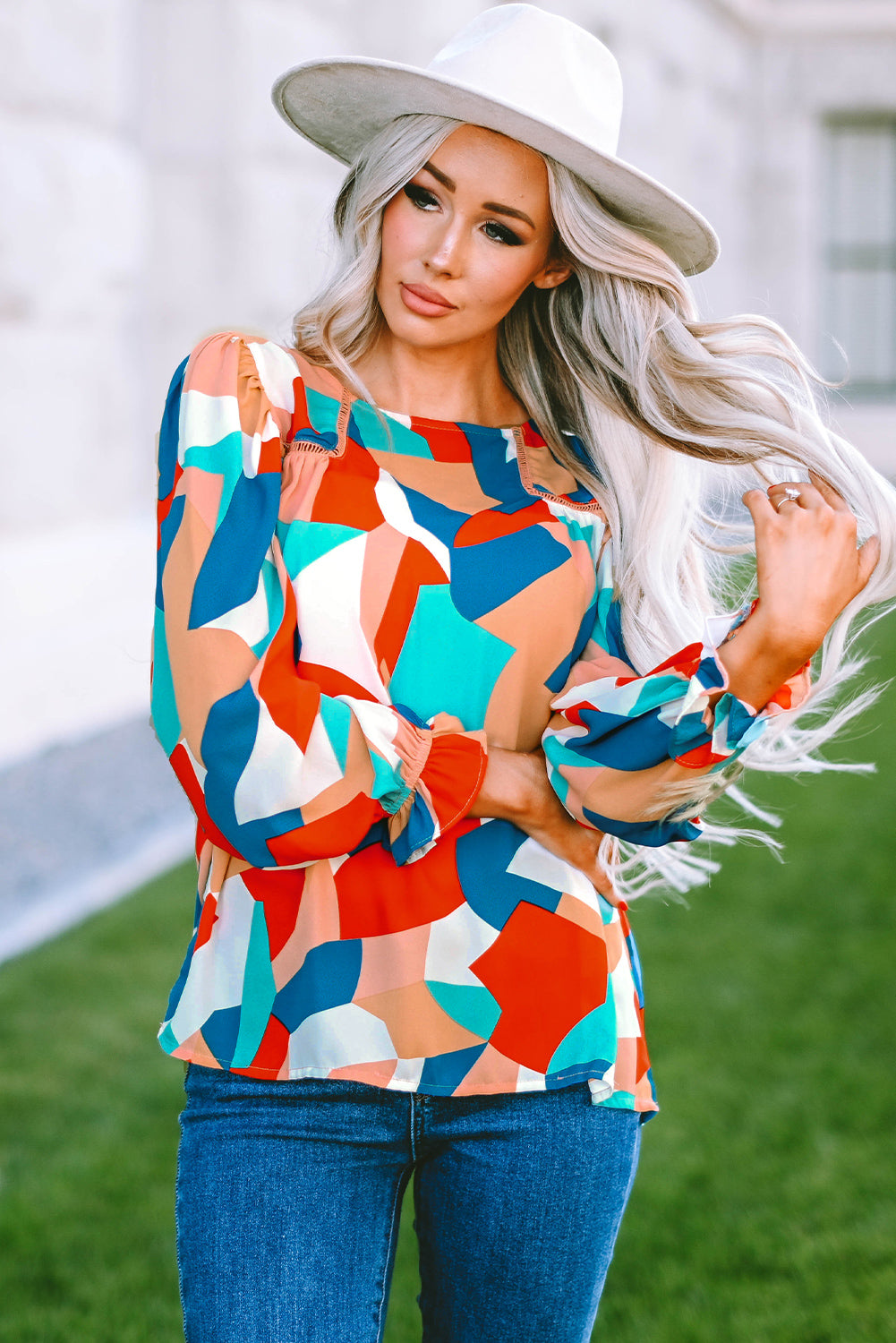 Multicolor Abstract Pattern Crewneck Ruffled Puff Sleeve Blouse