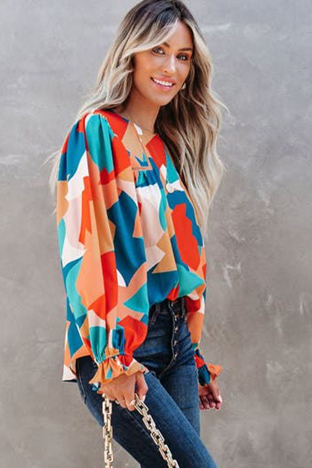 Multicolor Abstract Pattern Crewneck Ruffled Puff Sleeve Blouse