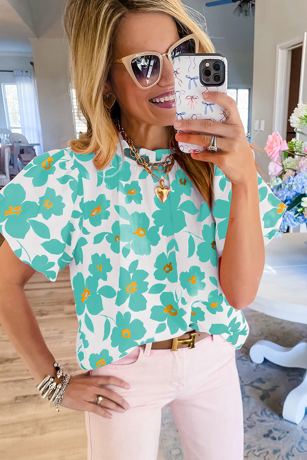 Floral Puff Sleeve Frilled Neckline Blouse