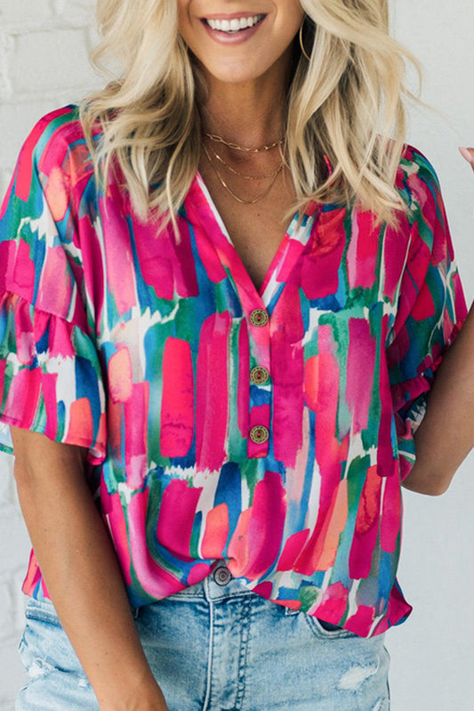 Brushwork Print Buttoned V Neck Blouse