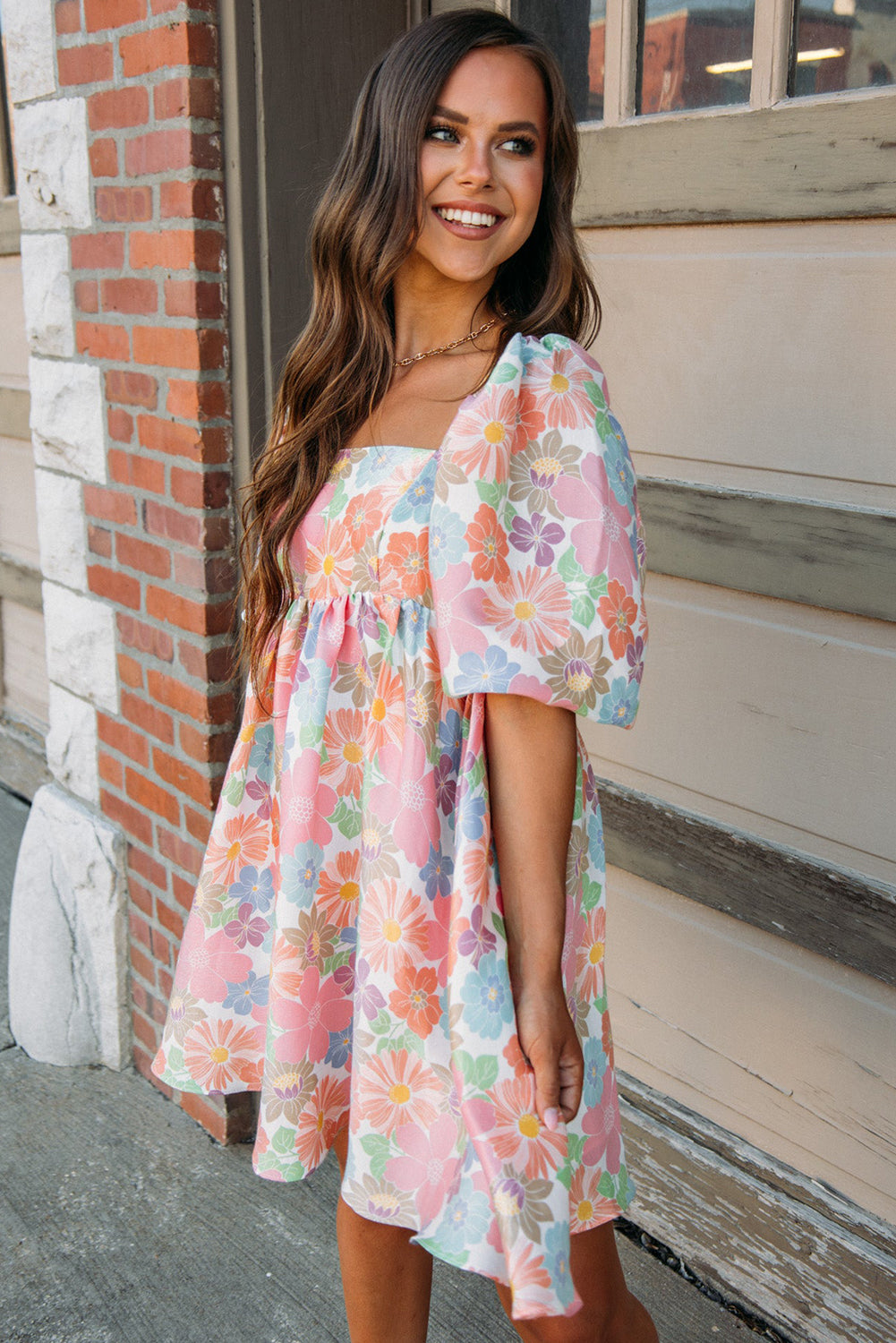 Summer Floral Square Neck Puff Sleeve Babydoll Dress