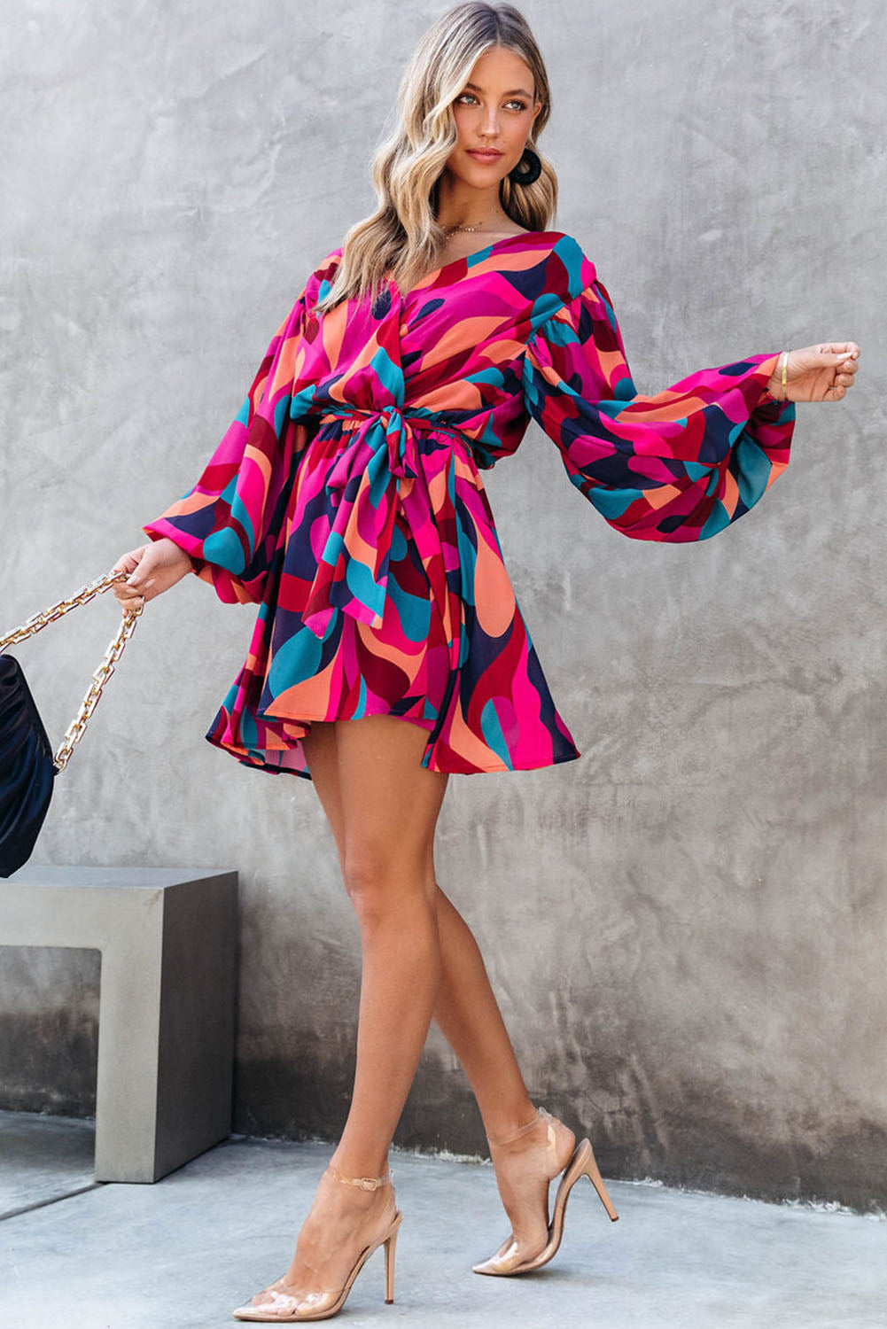 Abstract Printed Belted Puff Sleeve Mini Dress