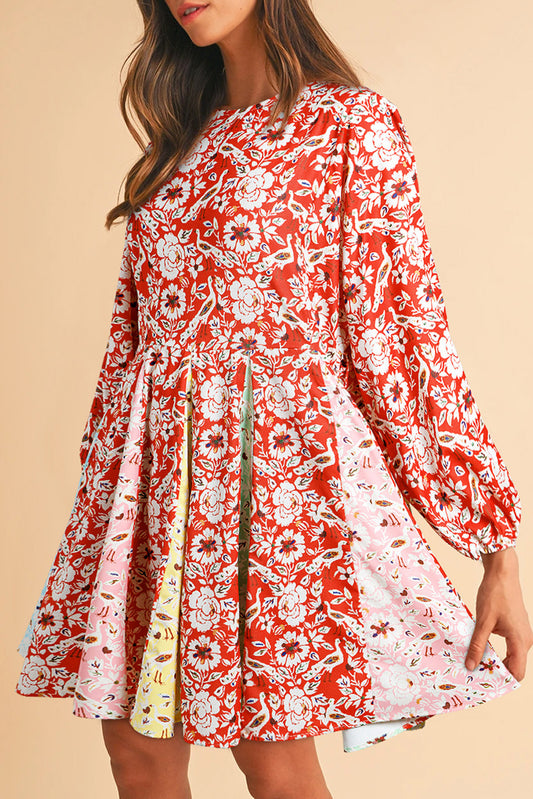 Floral Patchwork Long Sleeve Pleated Mini Dress