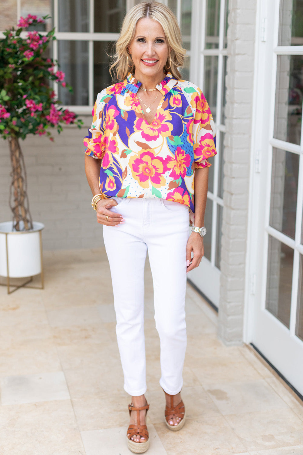 Floral Split Neck Frilled Bubble Sleeve Blouse