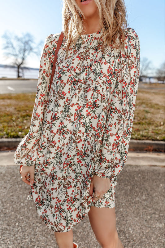 White Floral Long Sleeve Mini Dress