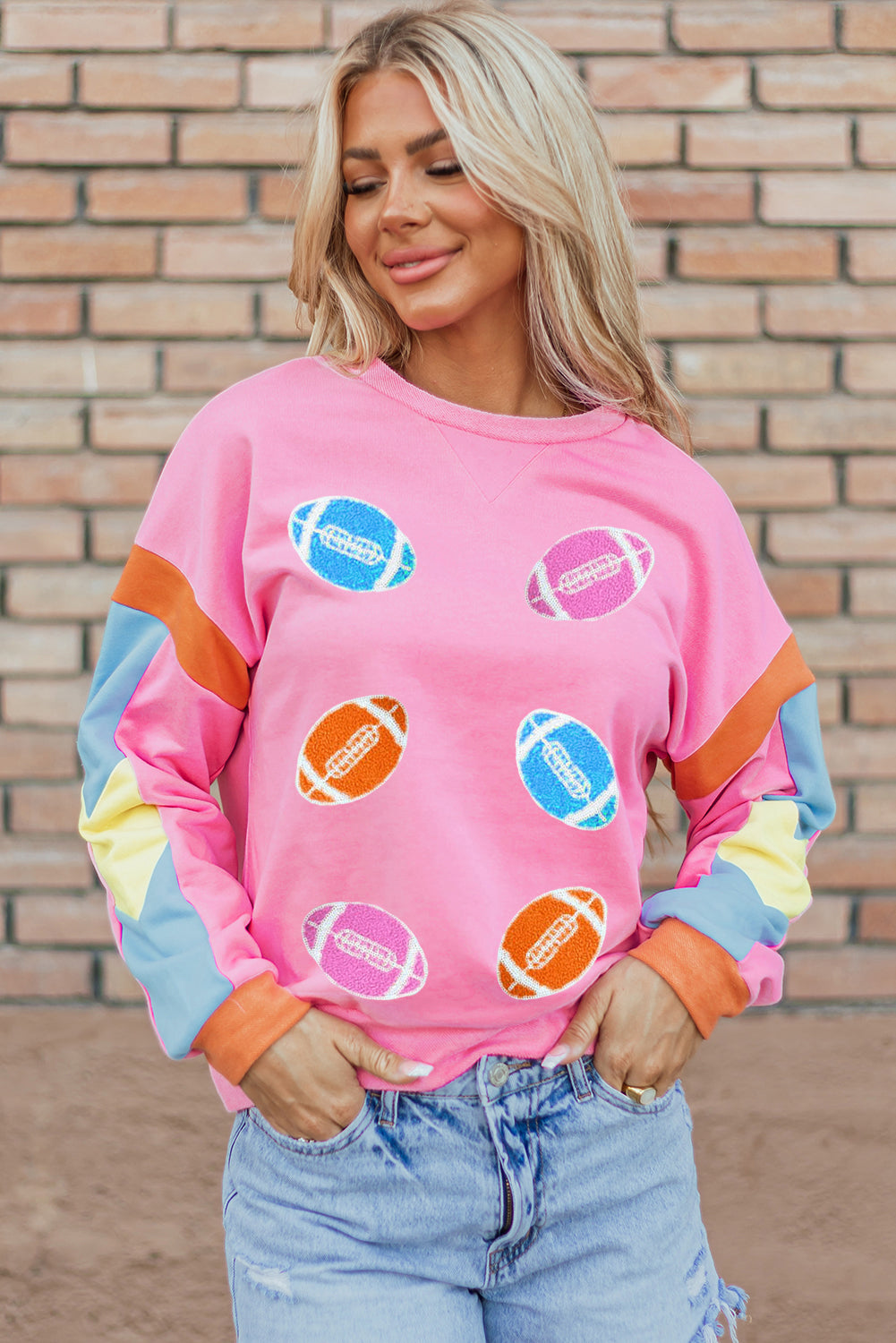 Pink Football Patchwork Color Block T Shirt