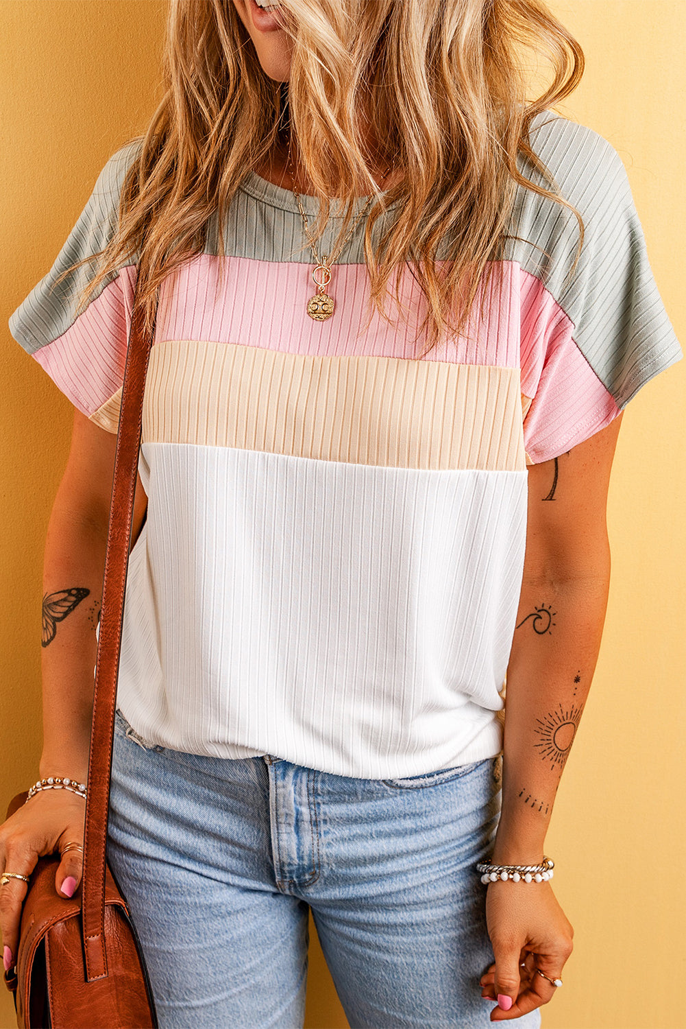 Ribbed Color Block Patchwork T-shirt