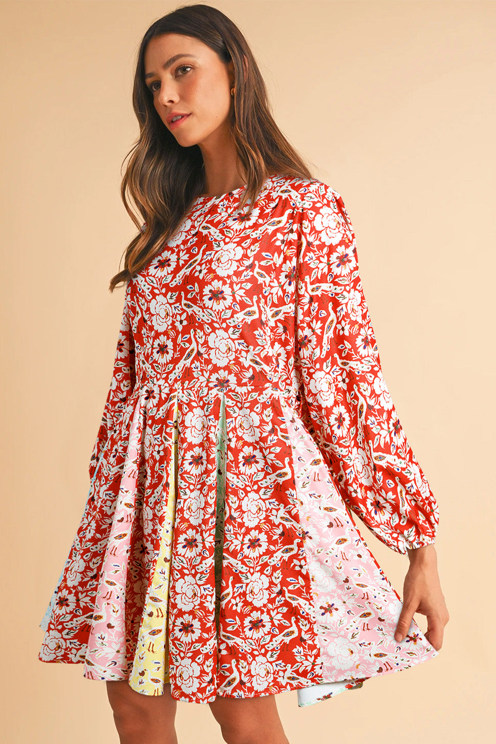 Floral Patchwork Long Sleeve Pleated Mini Dress