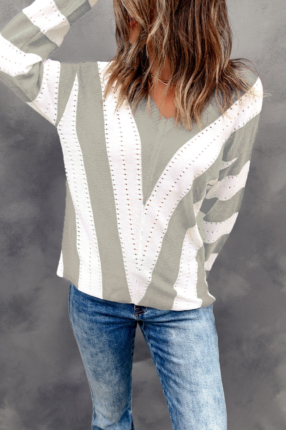 Striped Colorblock V Neck Knitted Sweater