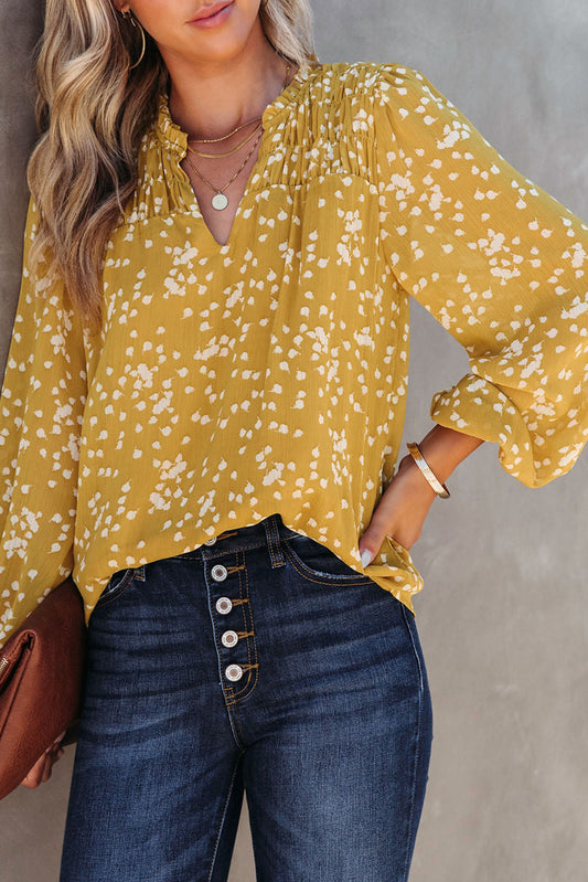 Split Neck Fall Printed Crinkled Blouse