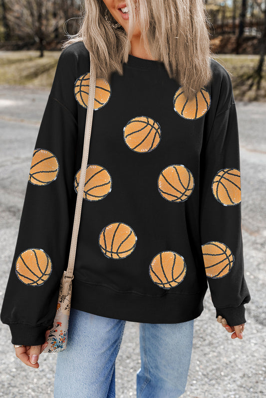 Black Sequin Basketball Patched Sweatshirt