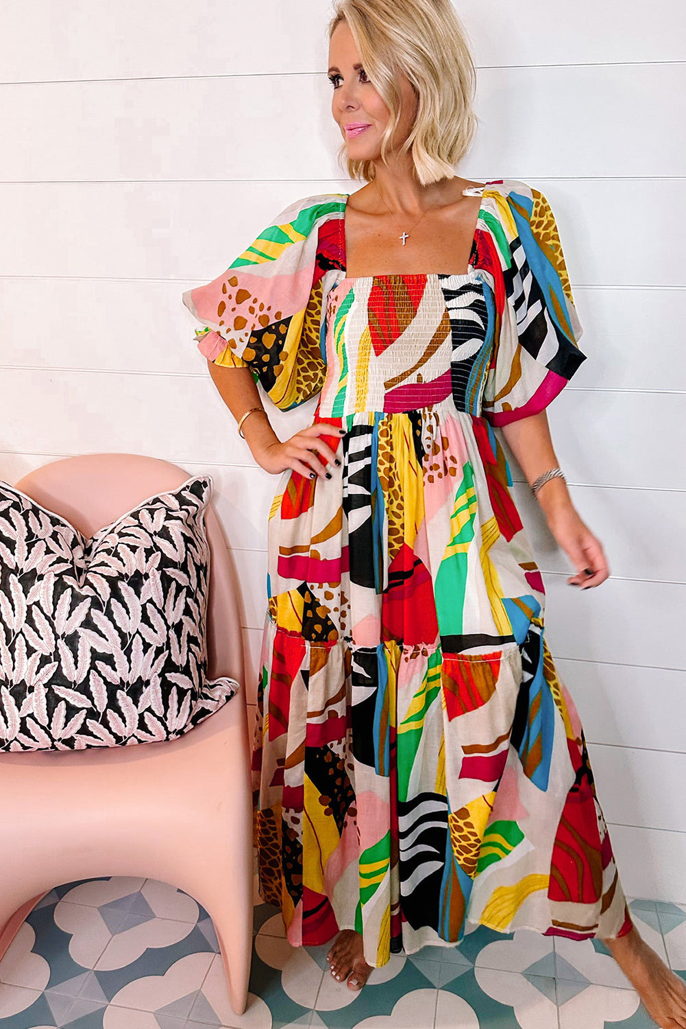 Square Neck Smocked Abstract Print Boho Maxi Dress