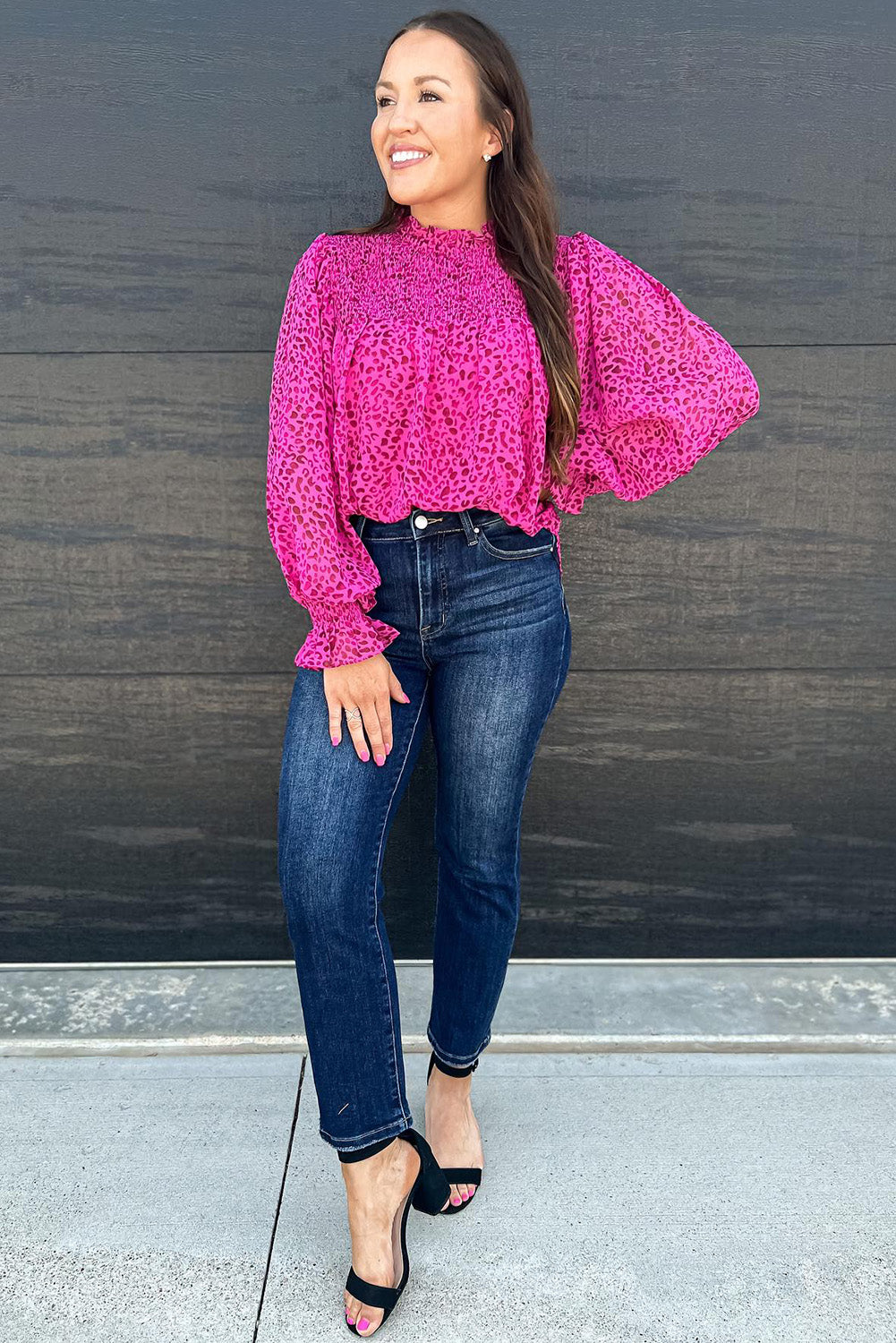 Pink Leopard Shirred Puff Sleeve Flowy Blouse