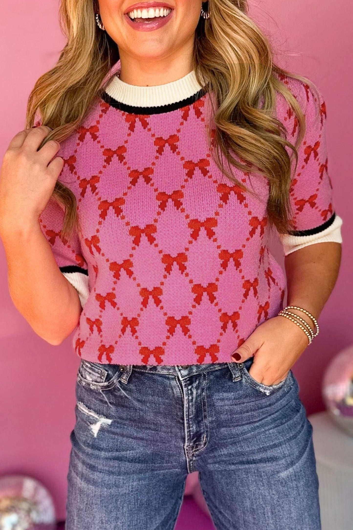 Pink Bow Print Short Sleeve Sweater top