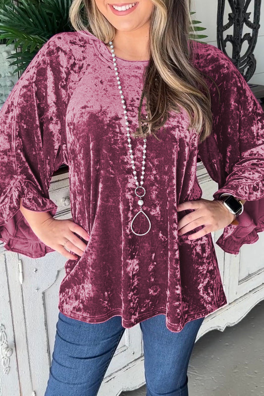 Velvet Pagoda Sleeve Crew Neck Top