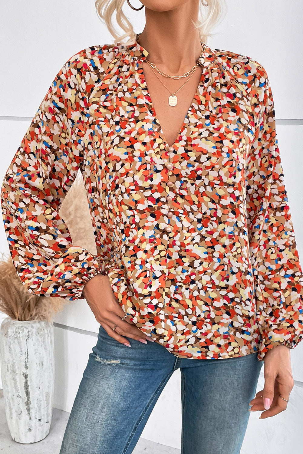 Multicolor Allover Print Split V Neck Bishop Sleeve Blouse