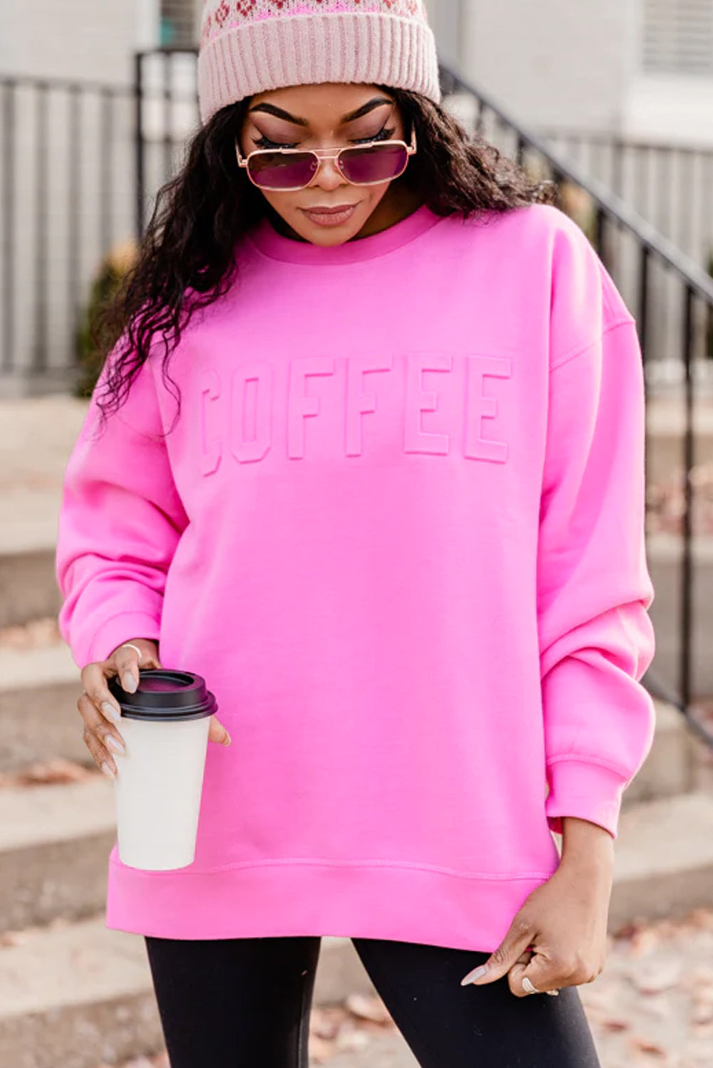 Pink COFFEE Letter Embossed Casual Sweatshirt