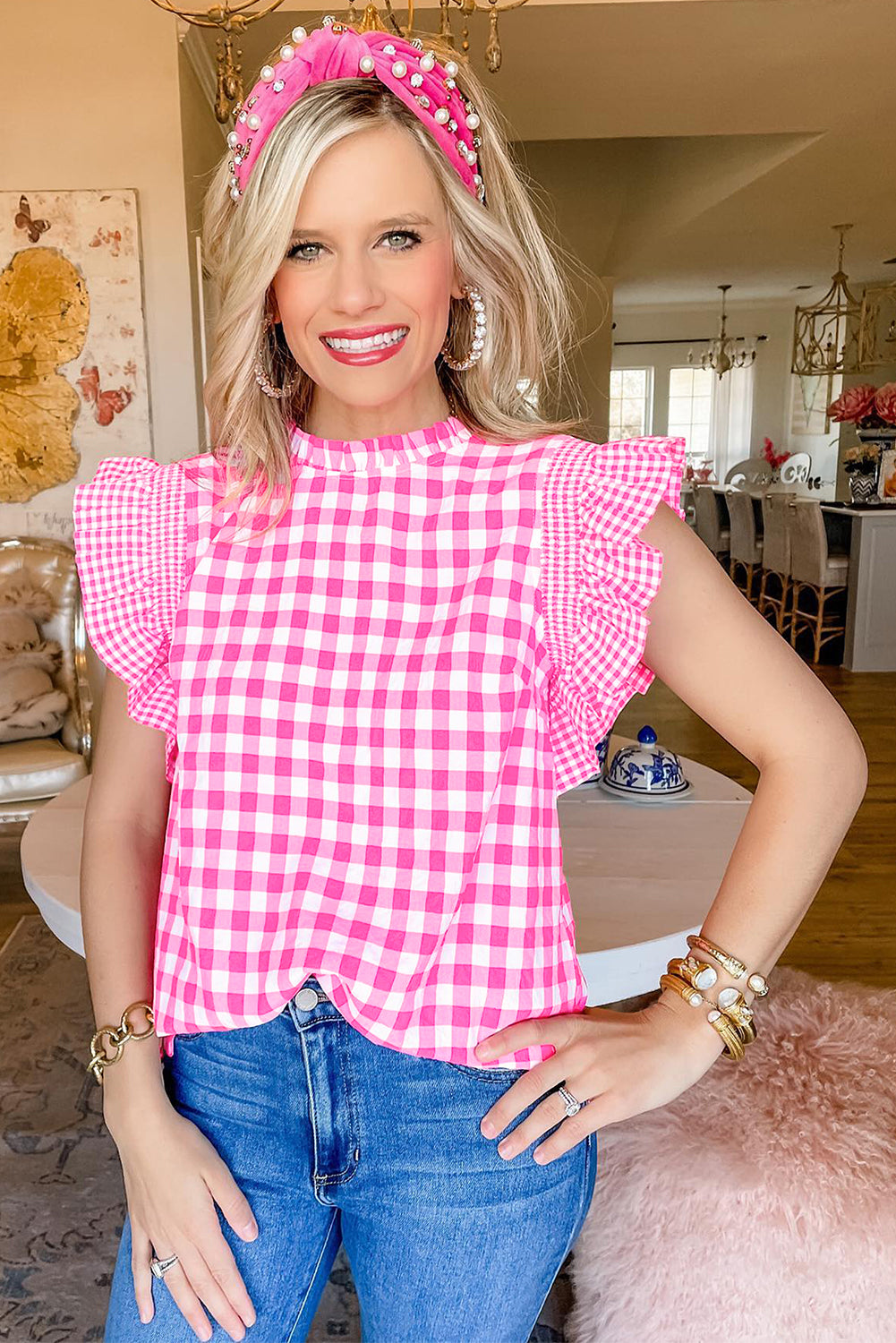 Pink Checkered Ruffled Sleeve Frilled Neck Blouse