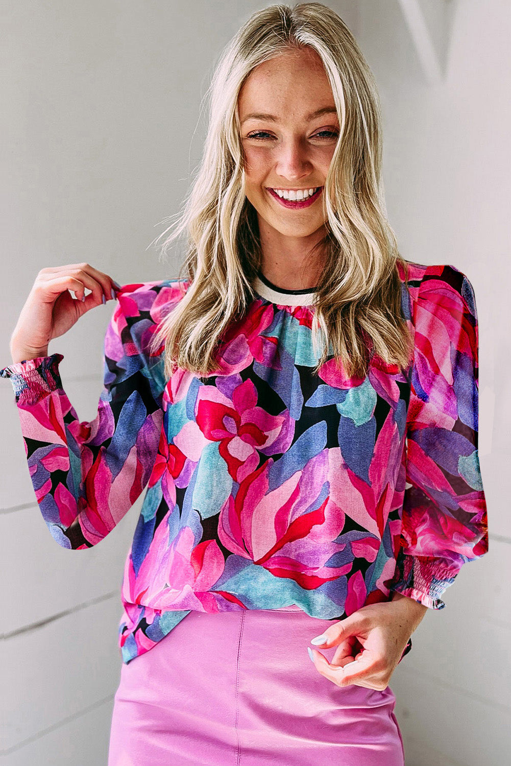 Petal Floral Print Ruched Sleeve Puff Sleeve Blouse