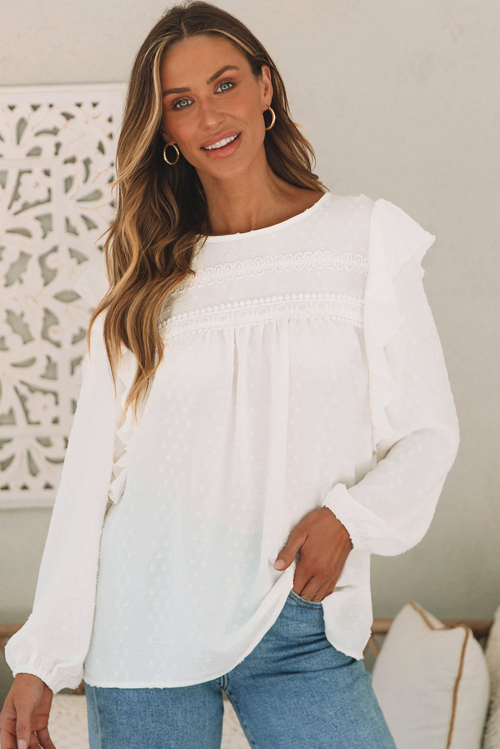 Lace Eyelet Ruffle Long Sleeve Blouse