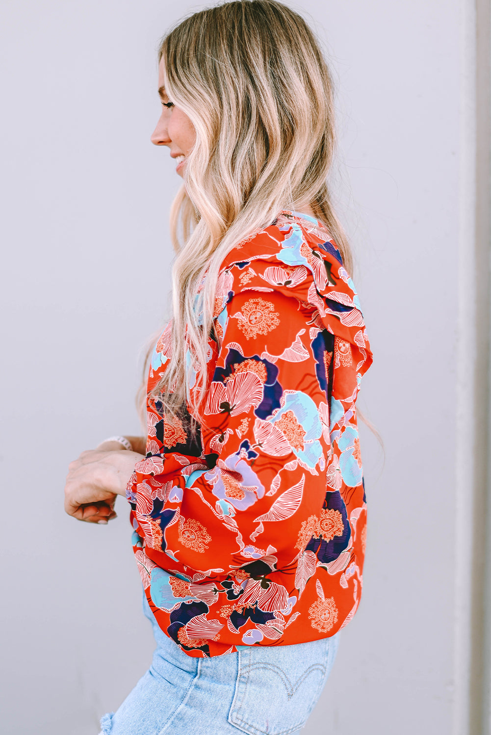 Playful Floral Print Ruffle Puff Sleeve Blouse