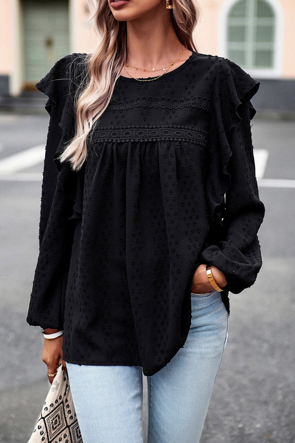 Lace Eyelet Ruffle Long Sleeve Blouse