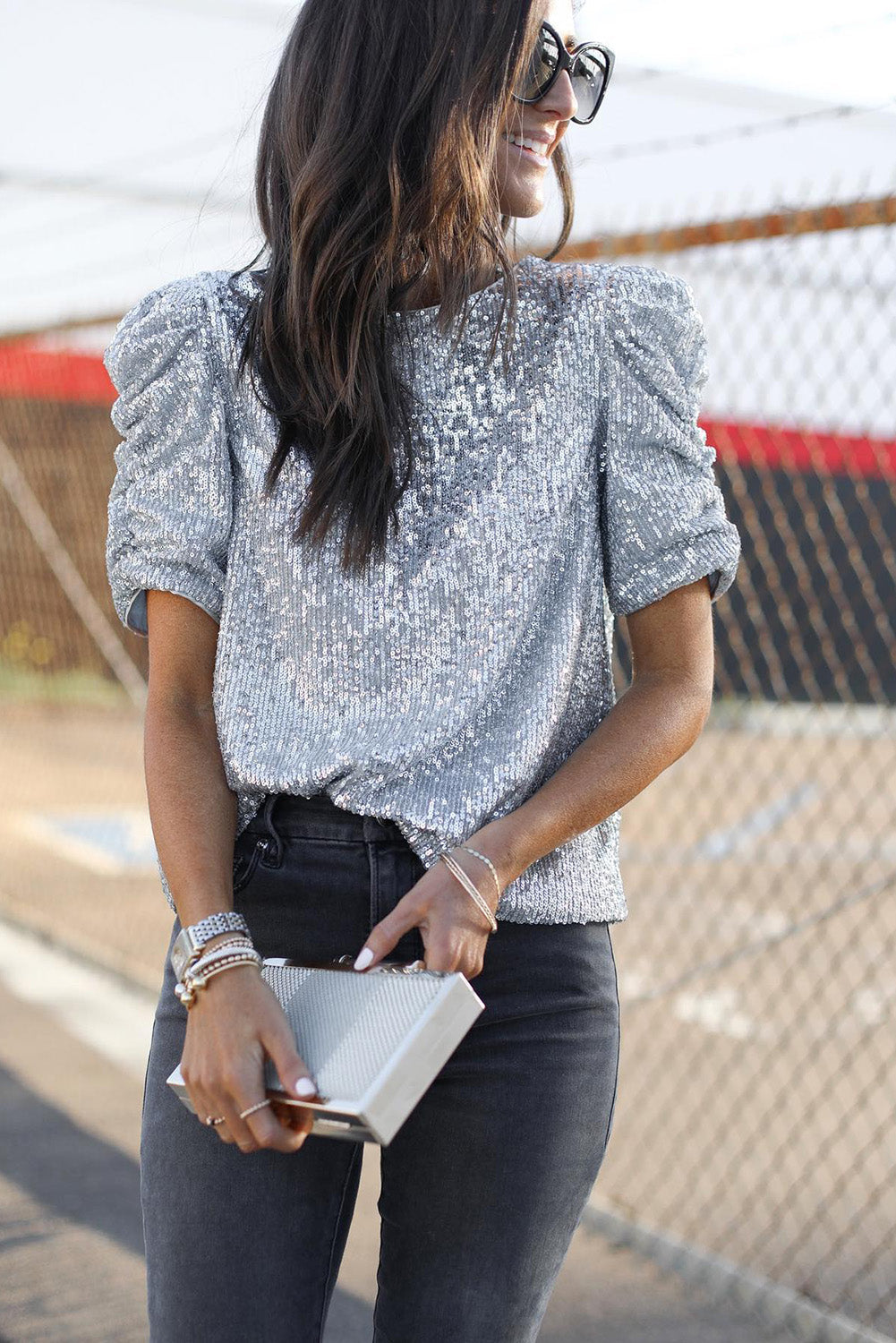 Silver Ruched Puff Sleeve Sequin Top