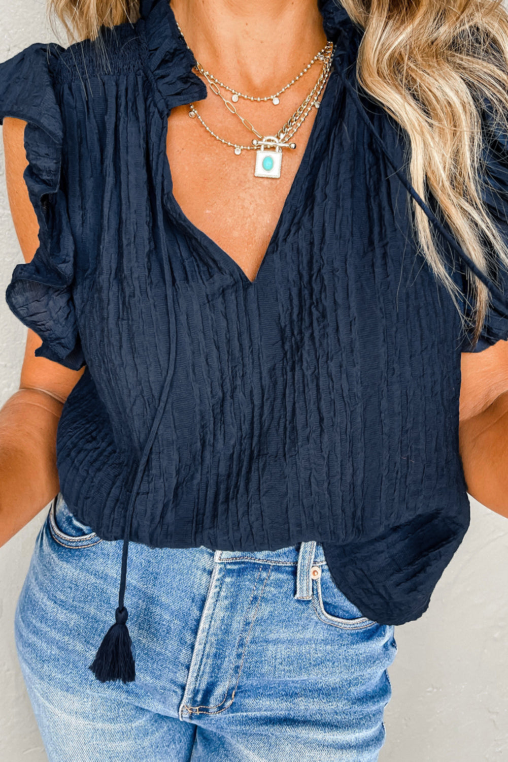 V-Neck Flutter Sleeve Textured Blouse