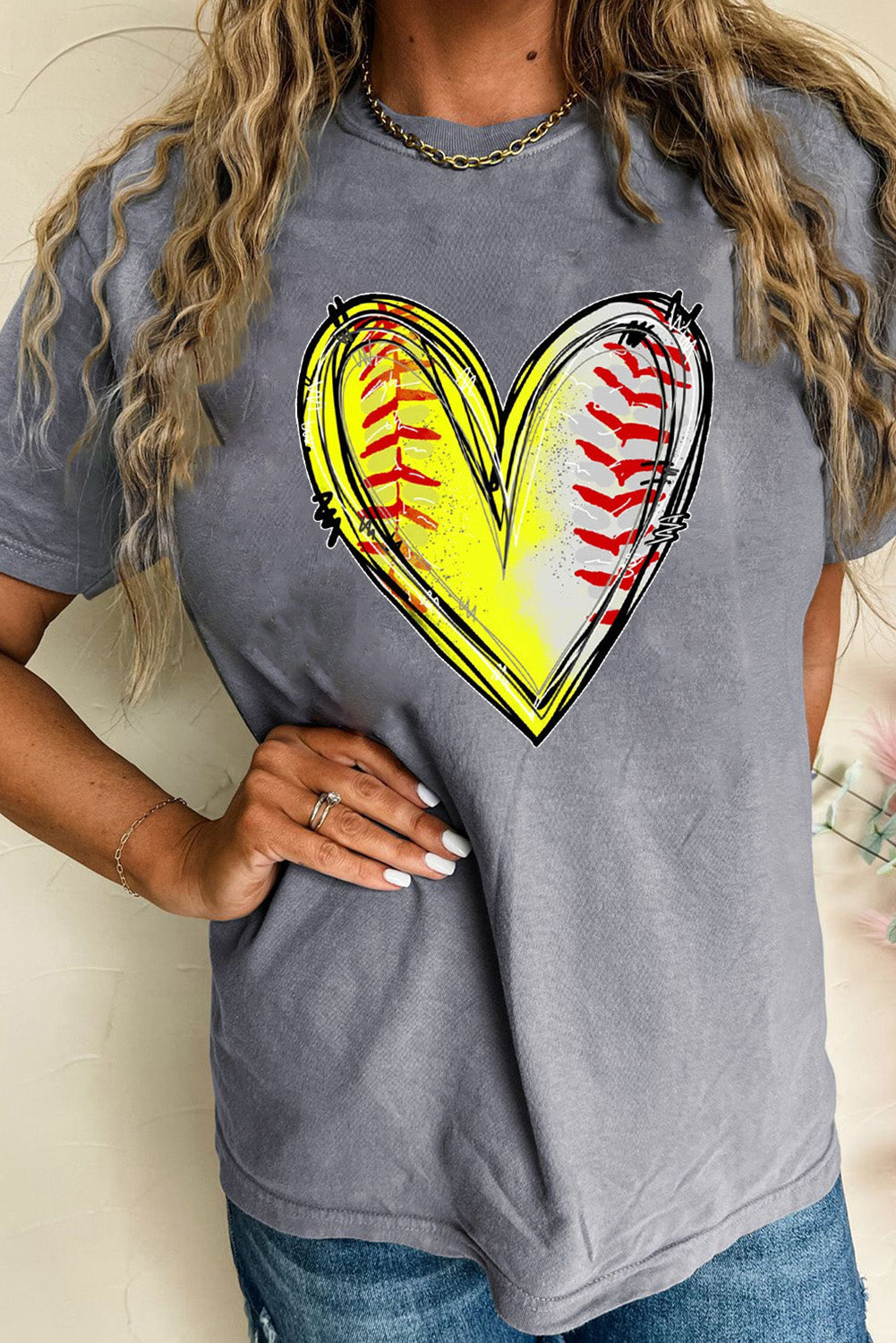 Gray Baseball Heart Shape Print Crew Neck T Shirt