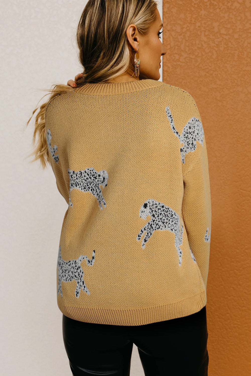 Camel Fuzzy Cheetah Accent Round Neck Sweater