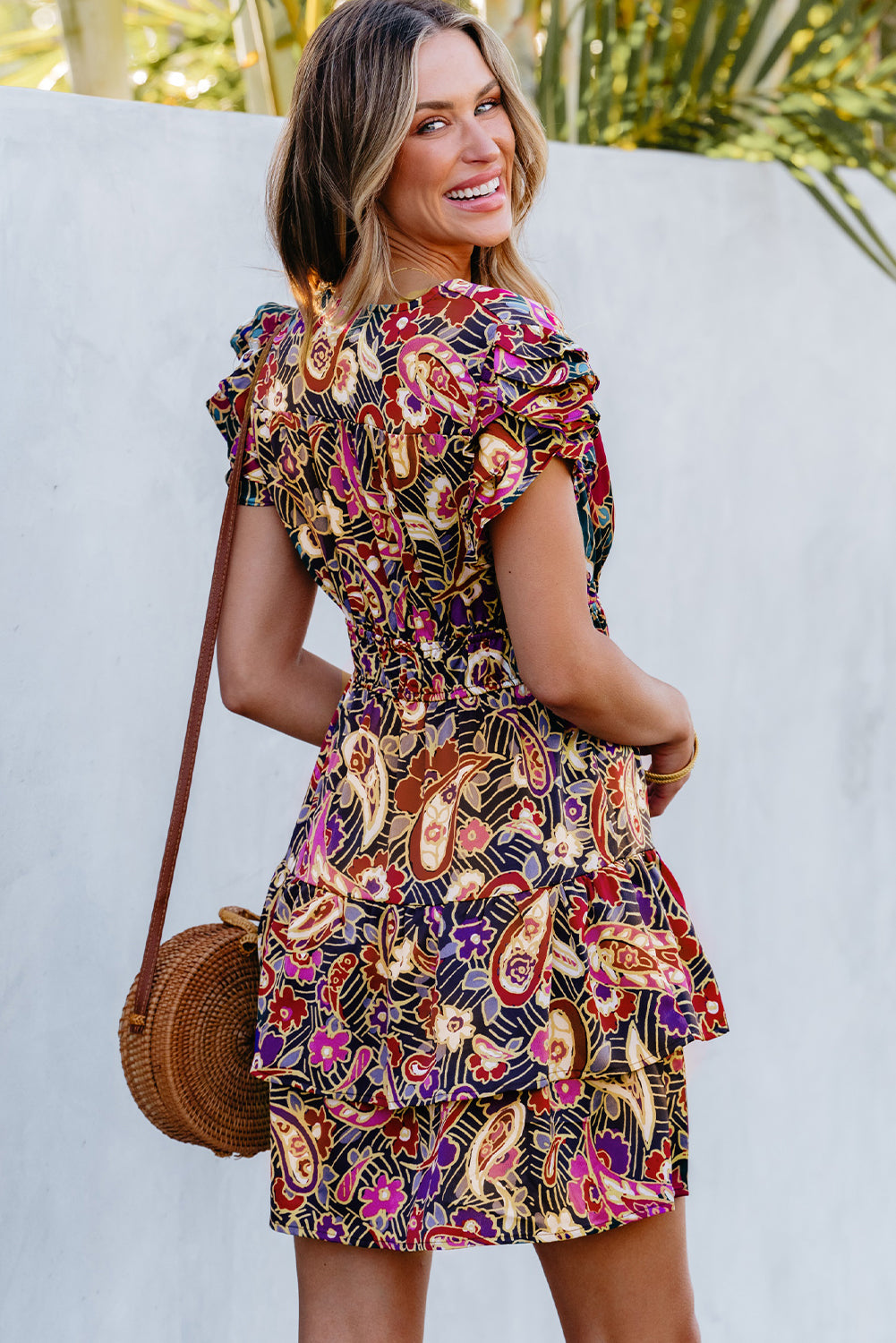 Paisley Print Flutter Sleeve Tiered Ruffle Dress