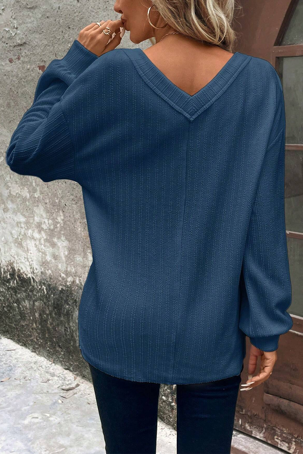 Blue V Neck Textured Long Sleeve Top