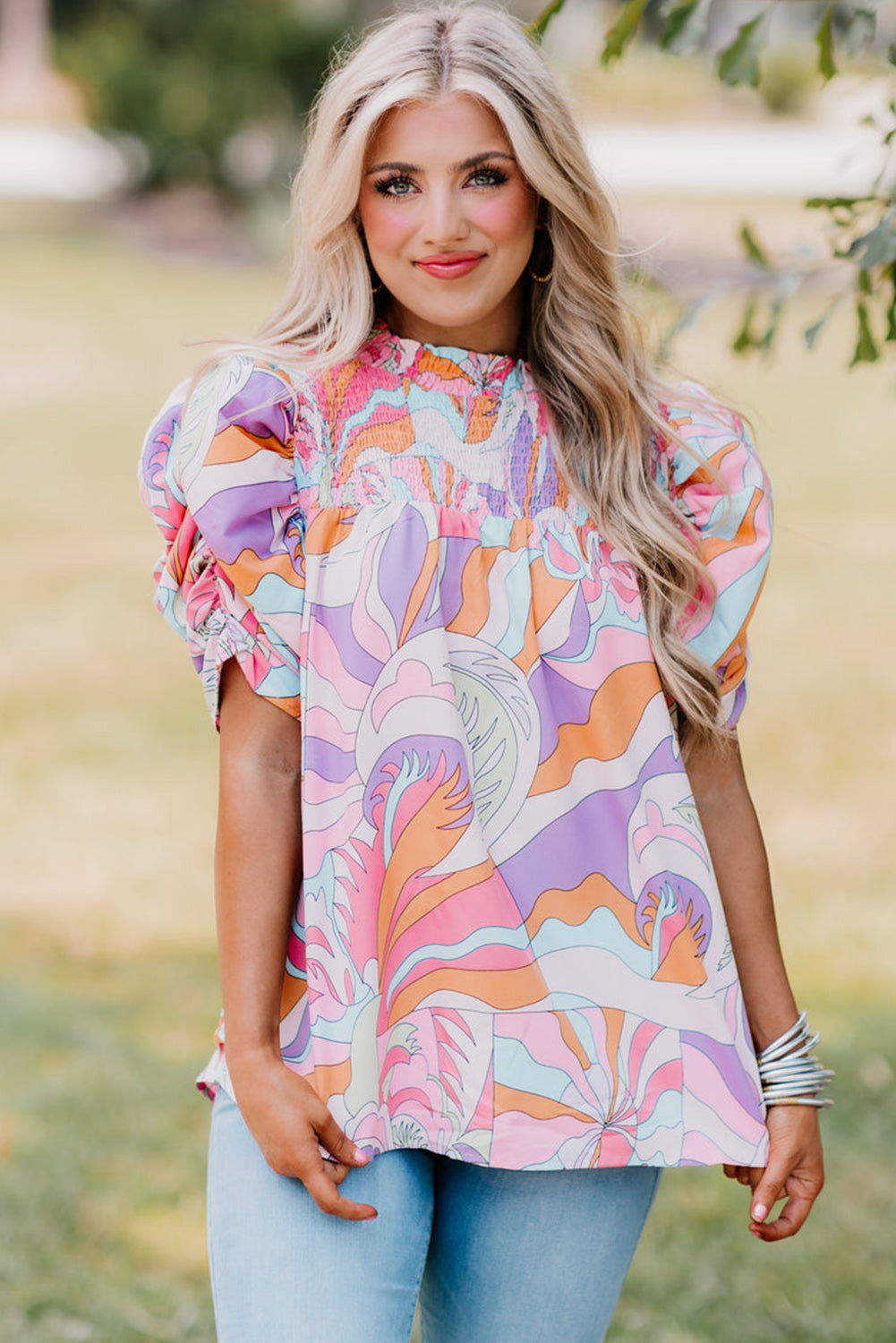 Pink Abstract Print Bubble Sleeve Smock Detail Blouse